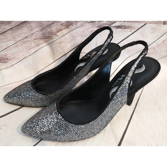 NINA LADIES CINELLI Metallic Black SILVER LA NOCHE SLINGBACK HEELS SIZE 6 M - Picture 1 of 6